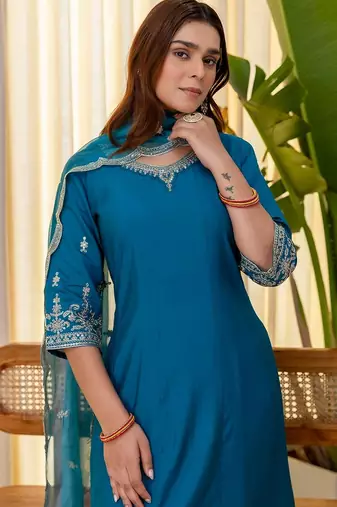 Teal color beautiful silk blend embroidered fancy kurta set