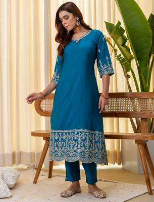 Teal color beautiful silk blend embroidered fancy kurta set 4