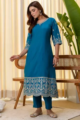 Teal color beautiful silk blend embroidered fancy kurta set
