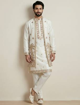 White doniyar shartin premium designer festive wear kurta pyjama with long jacket set 3