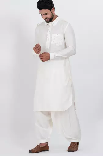 White viscose ps premium designer festive wear pathani set