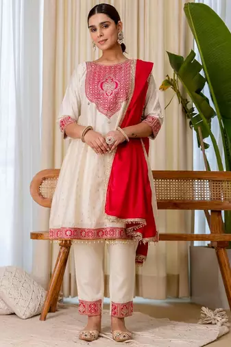 Off white color beautiful silk blend embroidered work fancy kurta set