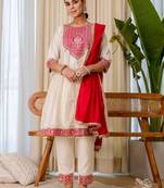 Off white color beautiful silk blend embroidered work fancy kurta set