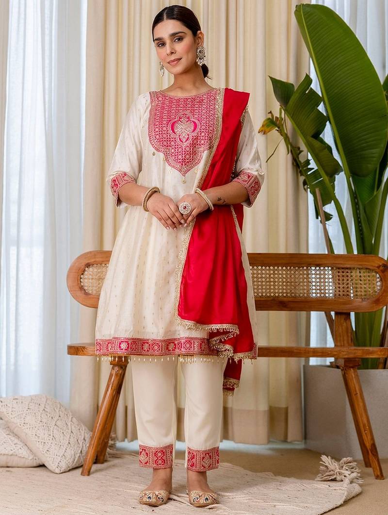 Off white color beautiful silk blend embroidered work fancy kurta set