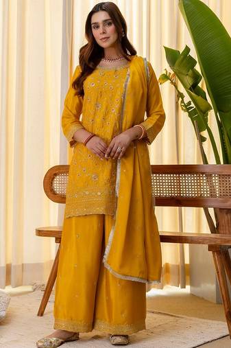 Mustard color beautiful silk blend embroidered work fancy kurta set