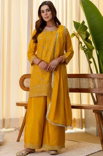 Mustard color beautiful silk blend embroidered work fancy kurta set