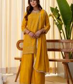 Mustard color beautiful silk blend embroidered work fancy kurta set