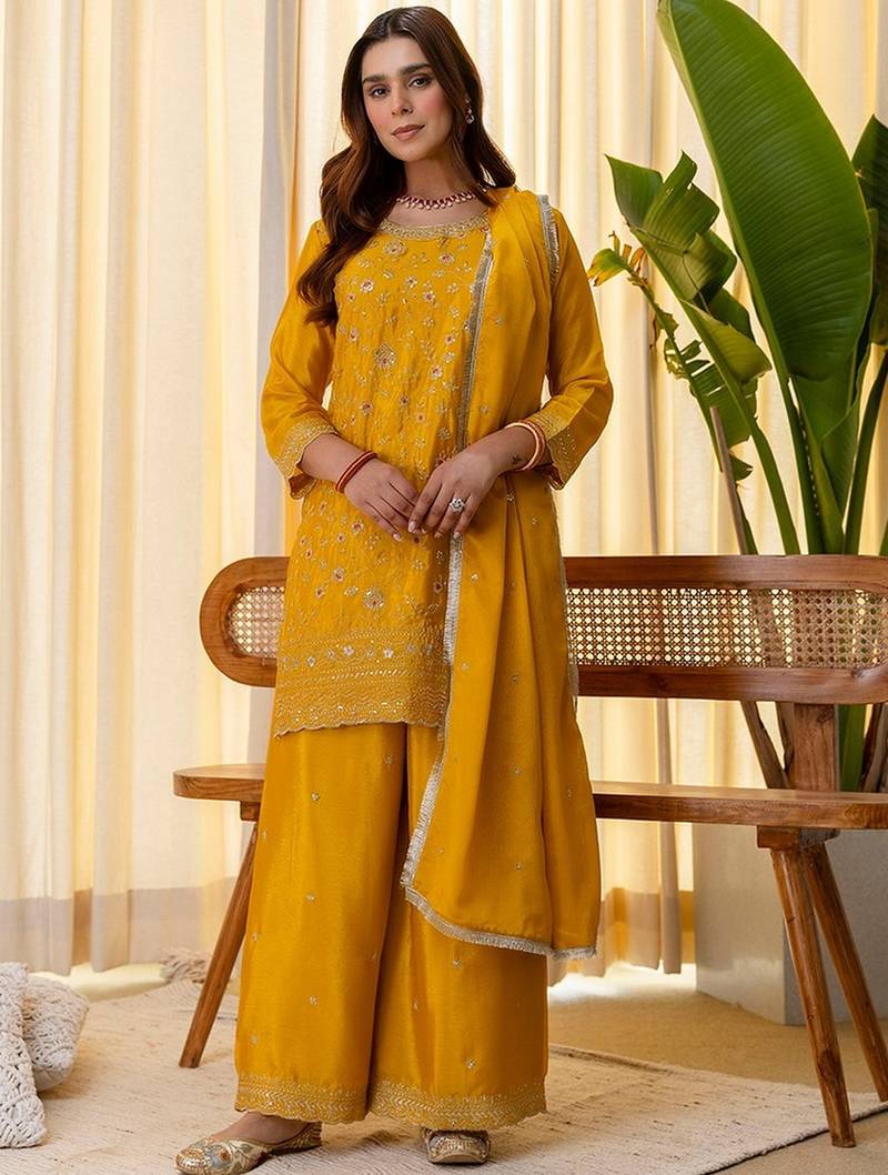 Mustard color beautiful silk blend embroidered work fancy kurta set
