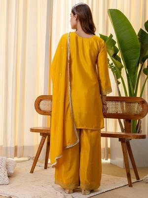 Mustard color beautiful silk blend embroidered fancy kurta set 2