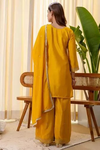 Mustard color beautiful silk blend embroidered fancy kurta set
