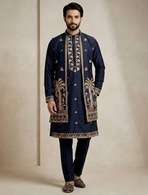 Navy blue doniyar shartin premium designer festive wear kurta pyjama with long jacket set 1