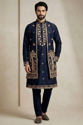 Navy blue doniyar shartin premium designer festive wear kurta pyjama with long jacket set