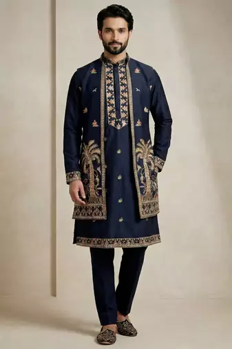 Navy blue doniyar shartin premium designer festive wear kurta pyjama with long jacket set