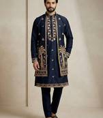 Navy blue doniyar shartin premium designer festive wear kurta pyjama with long jacket set