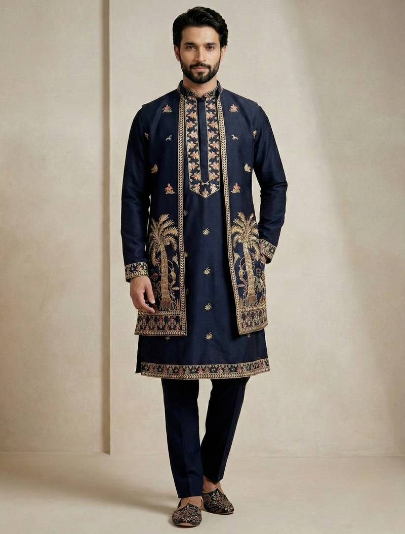 Navy blue doniyar shartin premium designer festive wear kurta pyjama with long jacket set