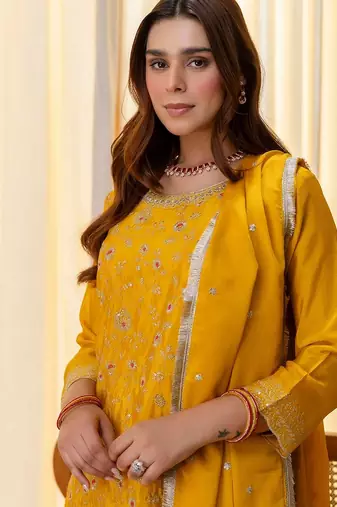 Mustard color beautiful silk blend embroidered fancy kurta set