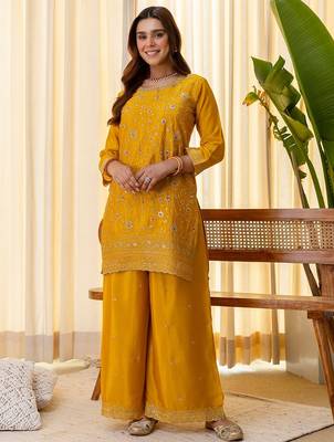Mustard color beautiful silk blend embroidered fancy kurta set 4