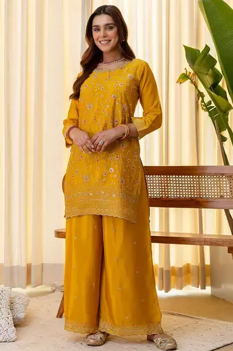 Mustard color beautiful silk blend embroidered fancy kurta set