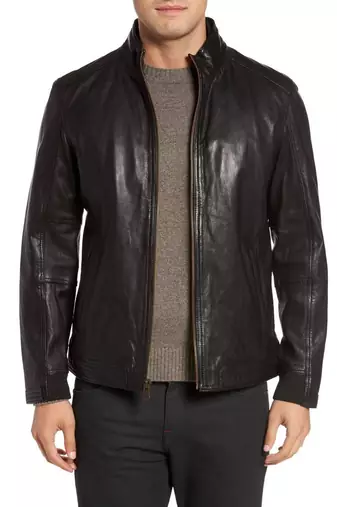 men's black sheepskin cafe racer jacket band collar racer style