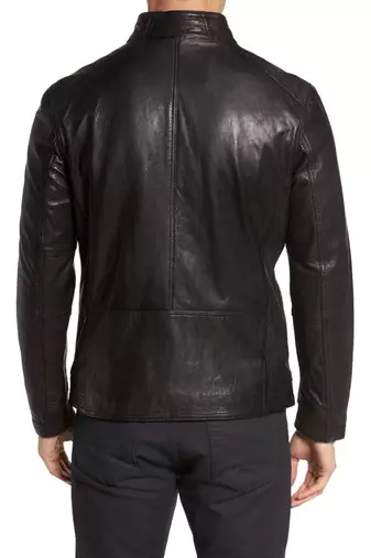 men's black sheepskin cafe racer jacket band collar racer style