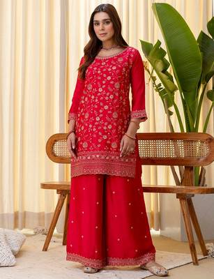 Pink color beautiful silk blend embroidered fancy kurta set 4