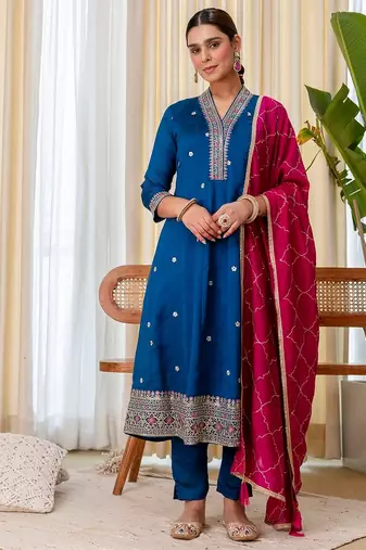 Teal blue color beautiful embroidered graceful partywear ceremonial suit
