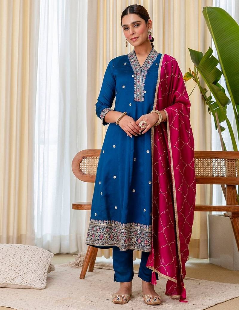Teal blue color beautiful embroidered graceful partywear ceremonial suit
