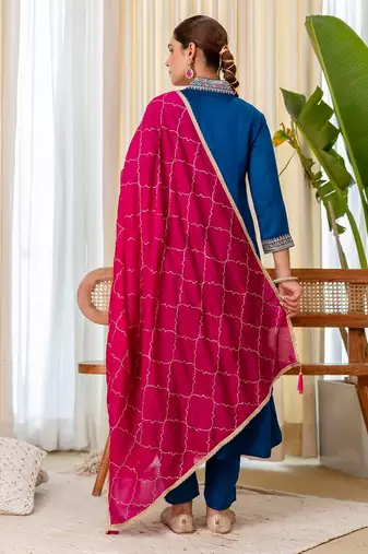 Teal blue color beautiful embroidered graceful partywear ceremonial suit