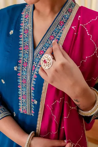 Teal blue color beautiful embroidered graceful partywear ceremonial suit