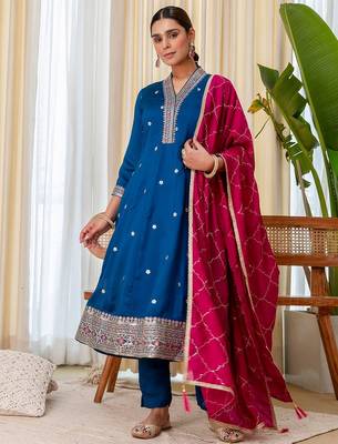 Teal blue color beautiful embroidered graceful partywear ceremonial suit 4