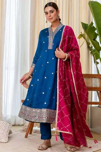 Teal blue color beautiful embroidered graceful partywear ceremonial suit