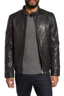 men's black sheepskin cafe racer jacket band collar racer style modern 1