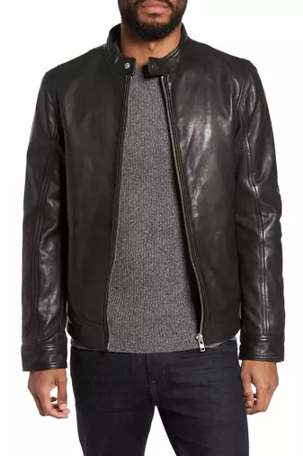 men's black sheepskin cafe racer jacket band collar racer style modern