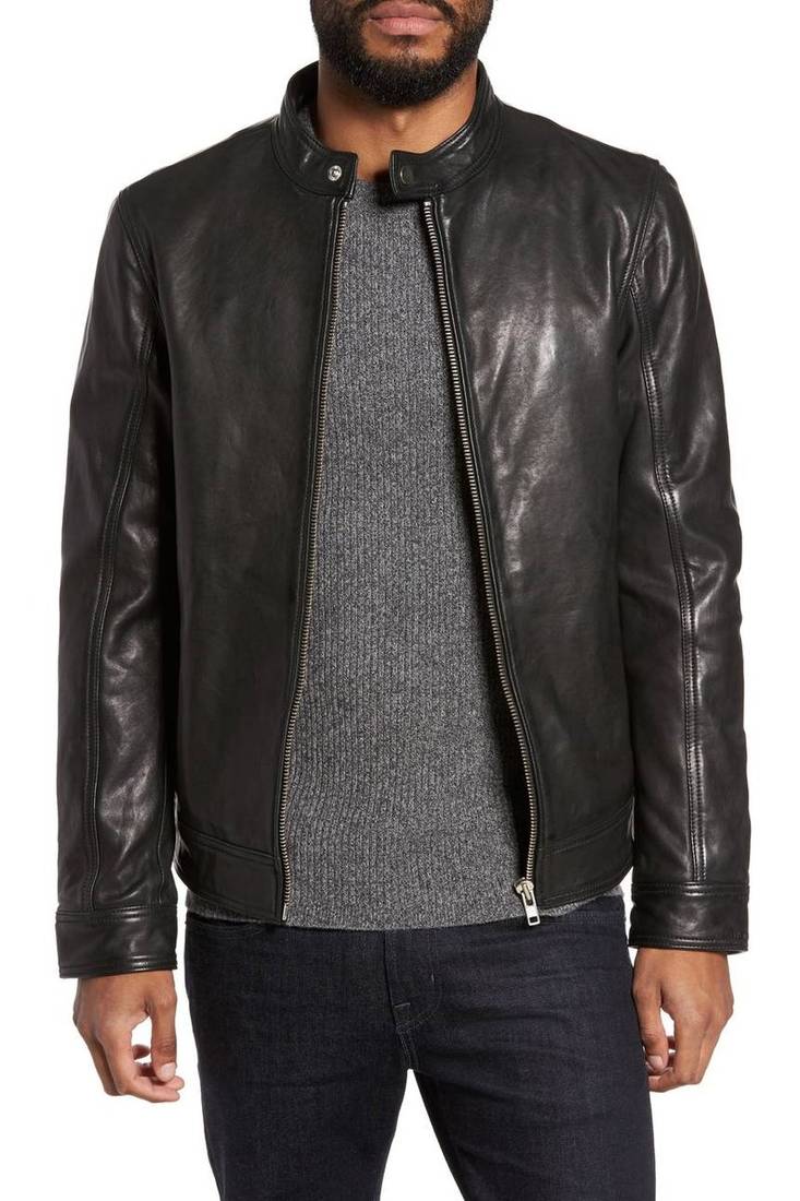 Men's genuine sheep leather jacket motorcycle black cafe racer style jacket-cl-m006
