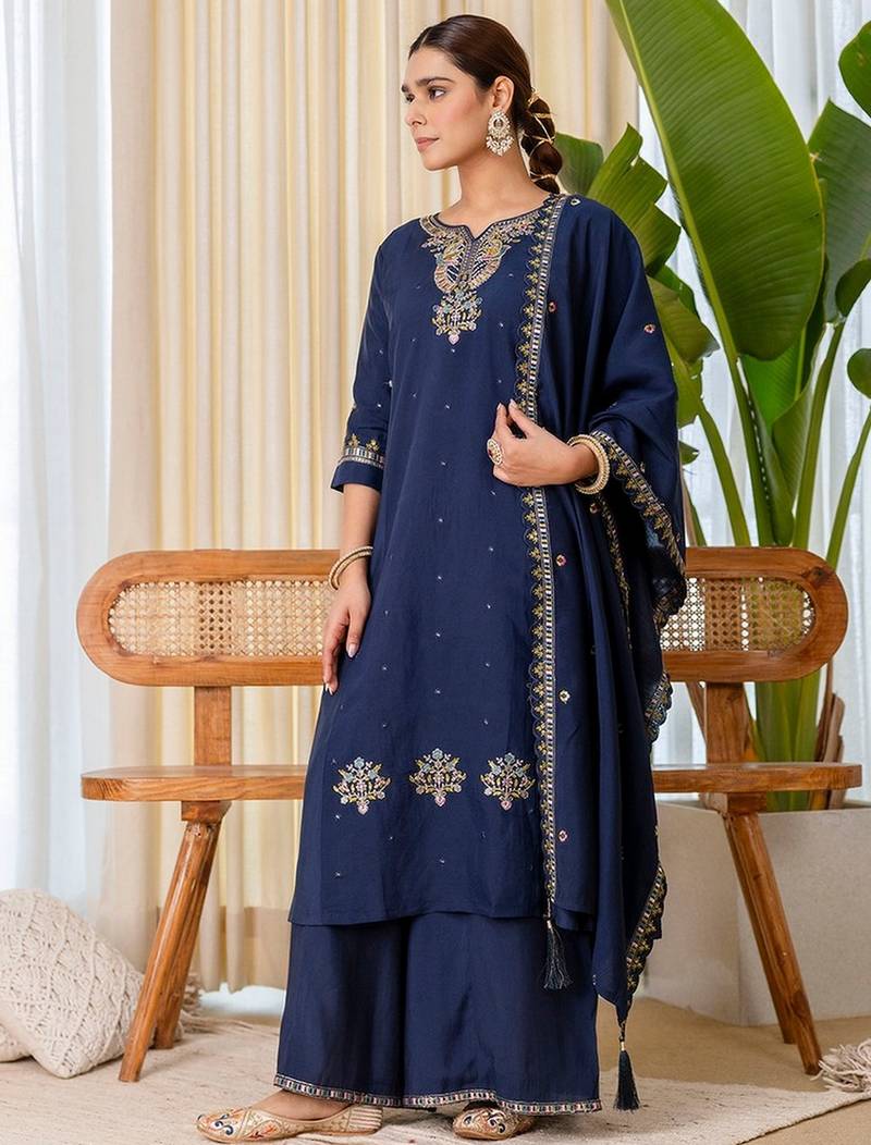 Blue color beautiful embroidered graceful partywear ceremonial suit