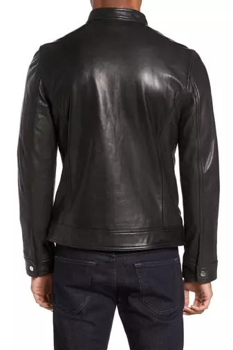 men's black sheepskin cafe racer jacket band collar racer style modern