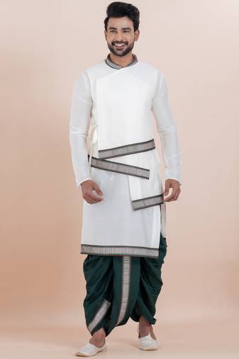 White banarasi dhupion silk premium designer festive wear dhoti kurta set