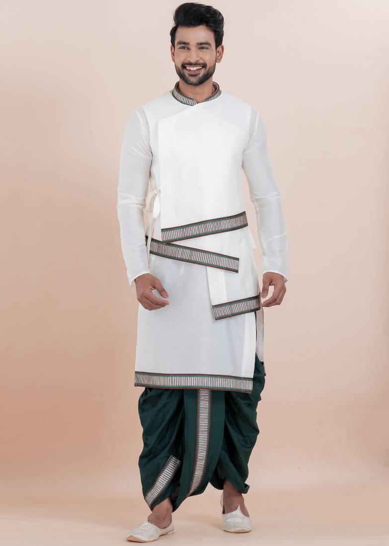 White banarasi dhupion silk premium designer festive wear dhoti kurta set