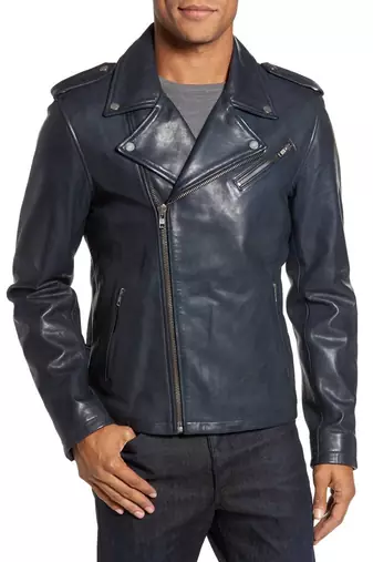 men's blue sheepskin cafe racer jacket band collar racer style