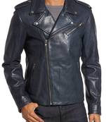 Men's genuine sheep leather jacket motorcycle blue cafe racer style jacket-cl-m007