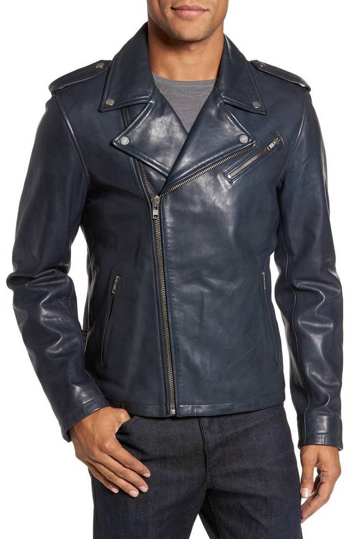 Men's genuine sheep leather jacket motorcycle blue cafe racer style jacket-cl-m007