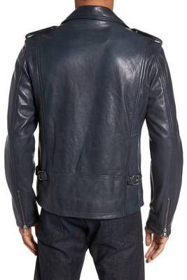 men's blue sheepskin cafe racer jacket band collar racer style 2