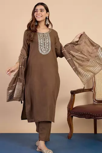 Brown color beautiful embroidered graceful partywear ceremonial suit