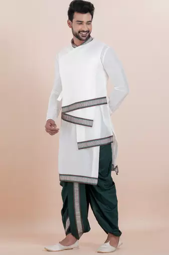 White banarasi dhupion silk premium designer festive wear dhoti kurta set