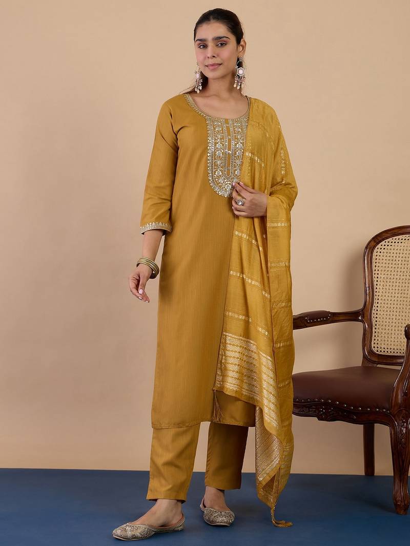 Mustard color beautiful embroidered graceful partywear ceremonial suit