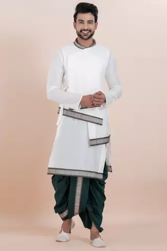 White banarasi dhupion silk premium designer festive wear dhoti kurta set