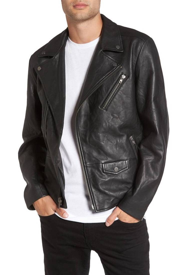 Men's genuine sheep leather jacket motorcycle black cafe racer style jacket-cl-m011
