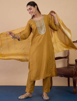 Mustard color beautiful embroidered graceful partywear ceremonial suit 4