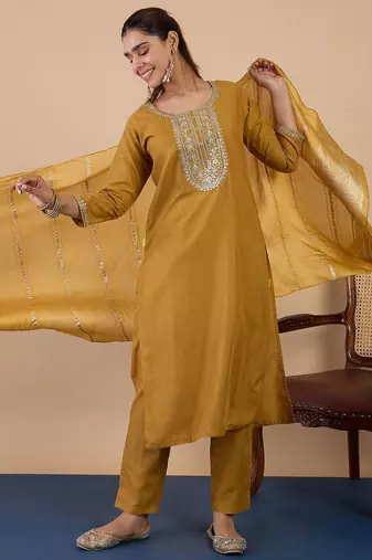 Mustard color beautiful embroidered graceful partywear ceremonial suit