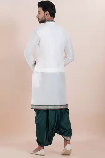 White banarasi dhupion silk premium designer festive wear dhoti kurta set